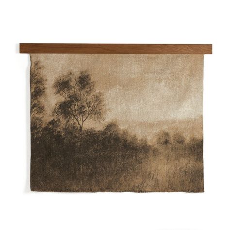 Inspired by the Texas Hill Country, Austin-based artist Aileen Fitzgerald paints atmospheric landscapes reminiscent of early Impressionism with a heavy emphasis on light. One of her most popular pieces is translated into a large-scale tapestry. Woven from a poly/cotton blend with thick oak veneer hanging hardware in a Tapestry Hanger, Dry Brush Technique, Single Tree, Hanging Paintings, Amber Interiors, Four Hands, Texas Hill Country, Oak Veneer, Burke Decor