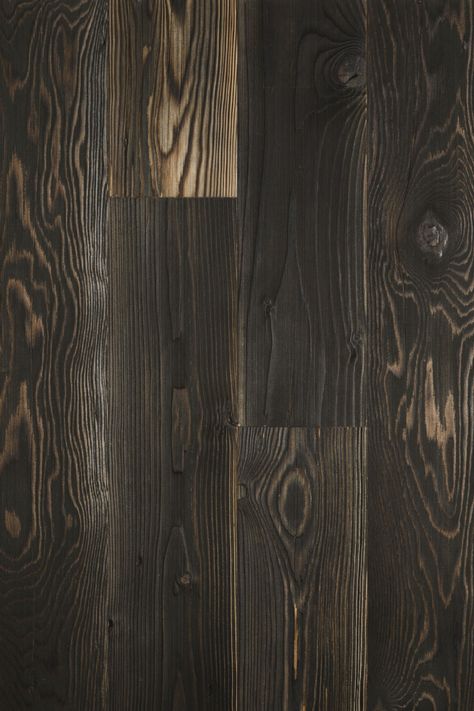 A dark, charred reclaimed timber, Charred Spruce pairs knots and character with a deeply brushed texture. Interior Panelling, Wood Panelling, Charred Wood, Sugi Ban, Reclaimed Timber, Fort, Texture, Living Room, Wood