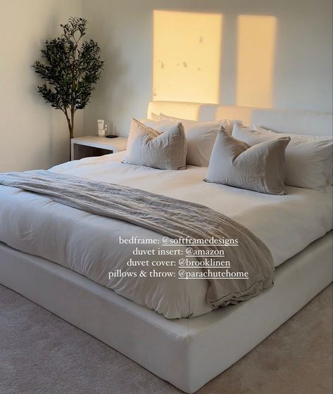 Creme Bed Frame, Creme Colored Bed, Softframe Bed Aesthetic, Soft Beige Bed Frame, Biege White Bedding, California Aesthetic Home, Apartment Aesthetic Bedroom, Nude Bedroom, Warm Apartment Aesthetic