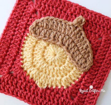 Crochet Acorn Square - Repeat Crafter Me Crochet Autumn Granny Square, Fall Themed Crochet, Crochet Acorn, Fall Sewing Projects, Square Crochet Pattern, Red Heart Super Saver Yarn, Tiny Tree, Crochet Square Blanket, Repeat Crafter Me