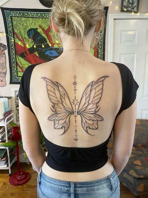 Trending Women Tattoos, Anime Fairy Tattoo, Fairy Collar Bone Tattoo, Fairy Like Tattoos, Fairy Vibe Tattoos, Simple Women’s Sternum Tattoo, Back Fairy Wings Tattoo, Fairy Spine Tattoo, Fairy Sternum Tattoo