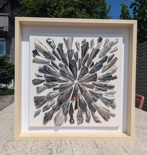 Immerse yourself in the beauty of the ocean with this stunning seashell collage, handcrafted using delicate pen shells from Florida. Each piece is meticulously arranged to create a captivating display of natural mother-of-pearl shimmer. Dimensions of the frame: - Height 52 cm / 20.47 inches - Width 52 cm / 20.47 inches This elegant statement piece is perfect for adding a touch of coastal charm to your home.  Imagine it displayed on a shelf, mantle, or hung as a unique wall accent.  The natural a Shell Stepping Stones, Seashell Diys, Shell Displays, Sea Shell Wall Art, Seashell Collage, Seashell Shadow Boxes, Seashell Artwork, Seashell Display, Seashell Art Diy