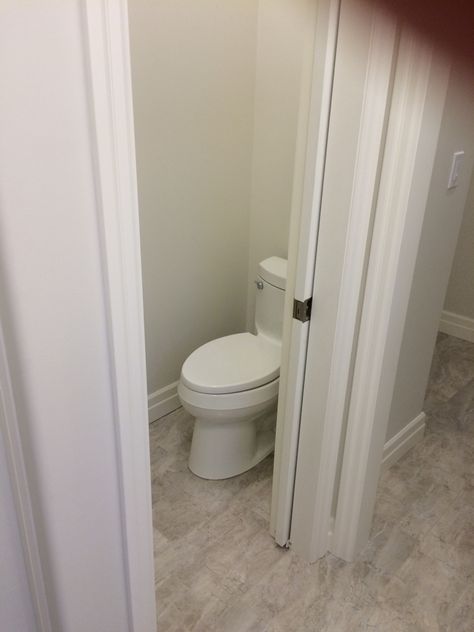 Jeff Duimering Build.  Separate toilet room with pocket door. Pocket Door Water Closet, Water Closet With Pocket Door, Pocket Door Toilet Room, Toilet With Door, Pocket Door Small Bathroom, Toilet Room Pocket Door, Toilet Pocket Door, Enclosed Toilet In Bathroom, Half Bath Pocket Door