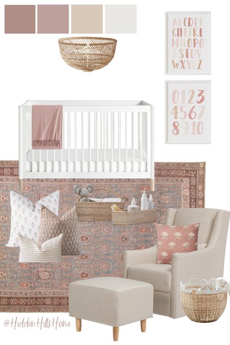 Cute nursery decor with blush and cream tones throughout Light Pink And Gray Nursery, Mauve And Brown Nursery, Rose Pink Nursery Ideas, Retro Pink Nursery, Pink Wainscoting Nursery, Pink Accent Nursery, Mauve Pink Accent Wall Nursery, Pink Modern Nursery, Neutral Nursery With Pops Of Pink