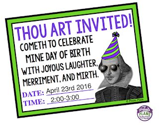 Shakespeare Birthday, 9th Grade English, Teacher Giveaway, Drama Activities, February Activity, St Patrick Day Activities, Girl Bday Party, Bday Invitations, Senior Activities