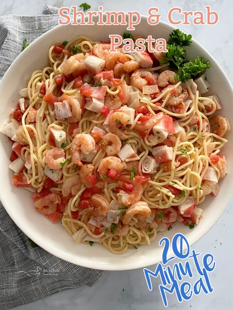 Shrimp And Crab Pasta, Crab Pasta Recipes, Recipe With Shrimp, Shrimp Pasta Salad, Pasta Calories, Seafood Salad Pasta, Crab Pasta, Crab Meat Recipes, Chicken Tikka Masala Recipes