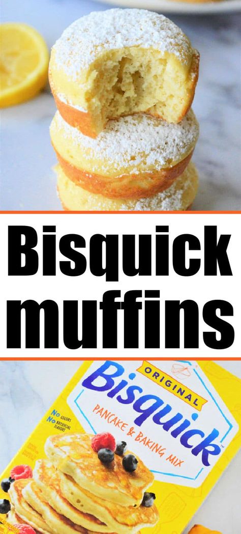 Bisquick muffins can be made with blueberries, chocolate chips or lemon like we did here. Fluffy, easy and quick to throw together and bake. #bisquickmuffins #lemonmuffins Blueberries Muffins Easy, Bisquick Pancake Muffins, Bisquick Muffins Recipes, Bisquick Muffin Recipes, Bisquick Breakfast Muffins, Bisquick Chocolate Chip Muffins, Dried Cherry Muffins, Strawberry Blueberry Muffins, Bisquick Blueberry Muffins