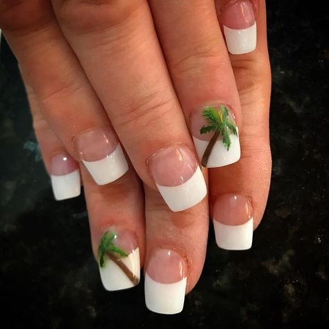 50+ Palm Tree Nail Art Ideas That You Will Love » Nail Art Designs Palm Trees, Palm Tree French Tip Nails, French Nails With Palm Tree, French Manicure With Palm Tree, Tropical French Manicure, Nail Ideas For Tropical Vacation, Christmas Palm Tree Nails, Palm Trees On Nails, French Tip Beach Nail Designs