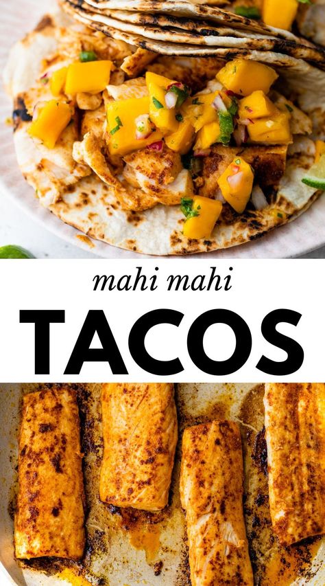 These Mahi Mahi Tacos are served with homemade mango salsa to give you a refreshing and flavor-packed summer dinner! Easy to make in 30 minutes and fun to customize with your favorite toppings. Summer Dinner Easy, Mahi Mahi Recipes Baked, Mango Tacos, Mahi Tacos, Mahi Mahi Tacos, Mahi Mahi Recipes, Bacon Guacamole, Summer Eats, Summer Eating