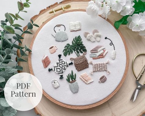 Learn to embroider with this cozy embroidery pattern featuring coffee, books, tea, houseplants, and a monstera Easy Hobbies, Cozy Pattern, Learning To Embroider, Summer Sewing, Handmade Embroidery Designs, Wooden Hoop, Dmc Floss, Embroidery Craft, Easy Crafts For Kids