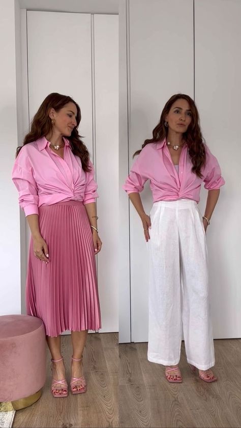 Pink Shirt With Skirt Outfit, Bright Pink Shirt Outfit, Pink Shirt Outfit Aesthetic, Light Pink Outfit Ideas, Nina Walder, Pink Shirt Outfit Ideas, Light Pink Shirt Outfit, Ways To Wear A Shirt, Feminine Style Summer