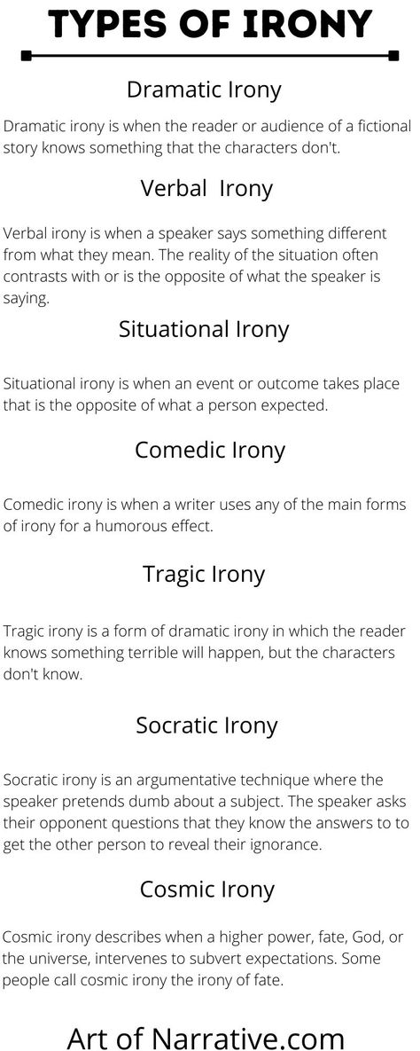 Learn about the three types of irony and beyond! Discover examples for each of the three types of irony, and other forms of irony. #irony #writing Types Of Creative Writing, Different Types Of Characters, Character Types Writing, Types Of Laughs Writing, Types Of Writing Styles, Story Types, Irony Examples, Types Of Characters, Creative Writing Inspiration