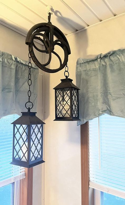 We Love Farmhouse! | I had an old pulley from the well of my childhood farm that I grew up on, so I made a little keepsake. | Facebook Pully Light, Diy Lanterns, My Childhood, French Country, The Well, Lanterns, Farmhouse, Outdoor Decor