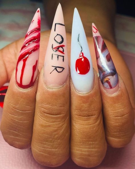 It Nails Stephen King, Penny Wise Nails, Pennywise Nail Art, Pennywise Nails, Tech Room, Holloween Nails, Here With Me, Nails Design With Rhinestones, Nails Design