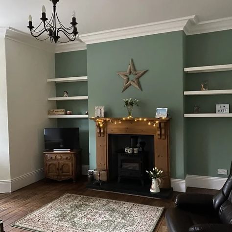 Green And Brick Living Room, Green Chimney Breast Wall, Feature Wall Lounge, Green Feature Wall Living Room, Green Living Room Paint, Living Room Design Green, Sage Living Room, Alcove Ideas Living Room, Alcove Ideas