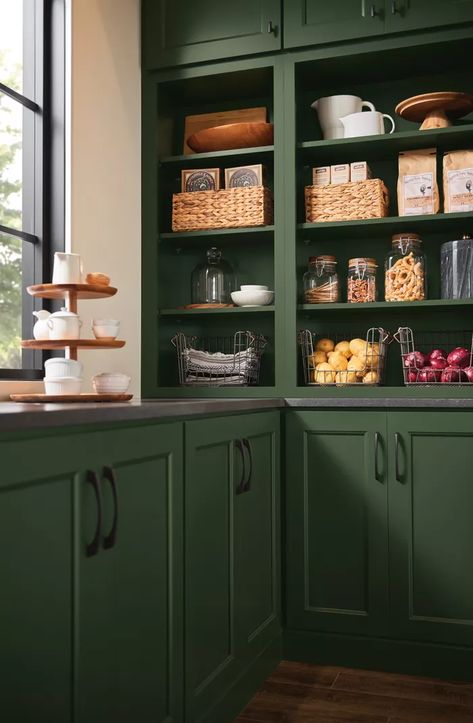 Green Is THE Color of 2022—Here’s How to Use It in Your Home Foxhall Green, Green Pantry, Reading Room Design, Cabinet Samples, Pantry Baskets, Kitchen Cabinet Samples, Maple Kitchen Cabinets, Arch Doorway, Maple Kitchen