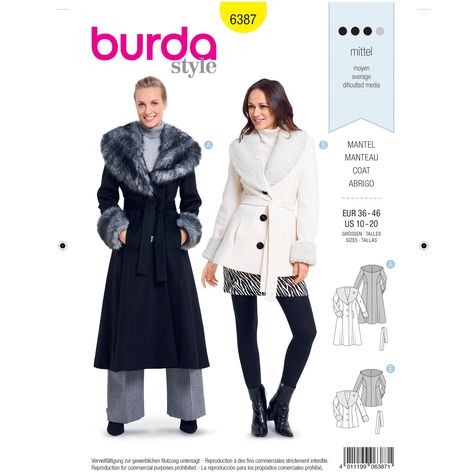 Classic Feminine Style, Shawl Collar Coat, Burda Sewing Patterns, Burda Patterns, Frock Coat, Fitted Coat, Boucle Jacket, Collar Coat, Pattern Brands