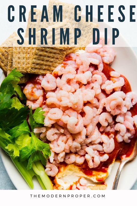 Cream cheese, cocktail sauce, bay shrimp and crackers. If you think this cream cheese shrimp dip is something only your grandma would bring to a party, think again. Made with the best cocktail sauce ever, it’s an old-school classic ready to make a comeback. Cream Cheese And Cocktail Sauce Dip, Mini Shrimp Dip, Shrimp Ball Cream Cheese, Cream Cheese Shrimp Dip Cocktail Sauce, Shrimp Cocktail Dip Recipe, Shrimp Dip With Cream Cheese Cold, Potluck Treats, Cream Cheese Shrimp Dip, Shrimp Dip With Cream Cheese