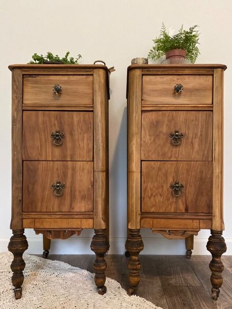 Antique Night Stand Makeover, Vanity To Nightstands, Old Vanity, Painted Night Stands, Real Wood Furniture, Vanity Makeover, Small Nightstand, Furniture Flipping, Antique Vanity