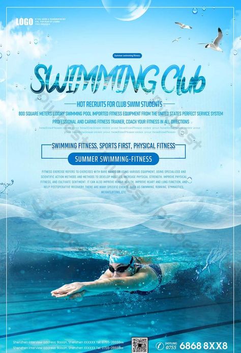 fresh swimming fitness club poster design Sport Product Poster, Swimming Pool Poster Design, Swimming Competition Poster, Swimming Graphic Design, Swimming Poster Design, Club Poster Design, Poster Swimming, Minimal Logo Design Inspiration, Creative Campaign