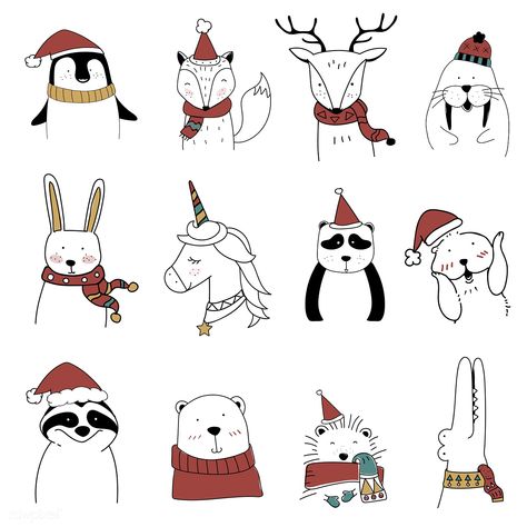 Hand drawn animals enjoying a Christmas holiday | free image by rawpixel.com Christmas Animals Drawing, Cute Christmas Animals, Christmas Illustration Design, Xmas Drawing, Drawn Animals, Animals Drawing, Baby Printables, Christmas Doodles, Cartoon Unicorn