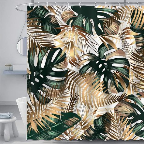 Palm Tree Pattern Design, Tropical Shower Curtain, Jungle Bathroom, Shower Curtain Green, Non Slip Bathroom Flooring, Curtain Green, Tropical Showers, Bathroom Ambiance, Green Shower Curtains