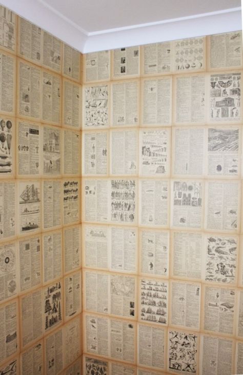 How To Make DIY Wallpaper from An Old Book - House Nerd Book Pages Wallpaper, Book Page Wallpaper, Nautical Mural, Page Wallpaper, Magazine Wallpaper, Wallpaper House, Newspaper Wall, Dollar Tree Organization, Travertine Floors