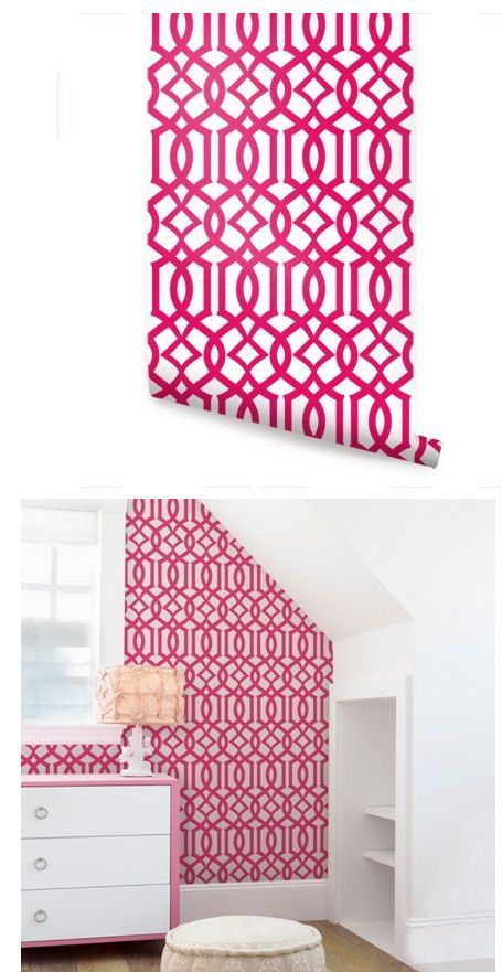 Pink Peel And Stick Wallpaper, Hot Pink Bathroom, Den Room, Pink Laundry Rooms, Boston Apartment, Hot Pink Wallpaper, Modern Trellis, Preppy Bedroom, Room Accent Wall