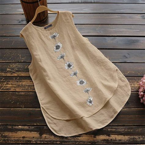 8c01a75941549a705cf7275e41b21f0ddesc49415495ri Vintage Tank Top, Linen Tank Top, Printed Sleeveless Blouse, Linen Tank, Neckline Designs, Womens Tops Summer, Women Tunic Tops, Floral Tank Top, Daisy Print