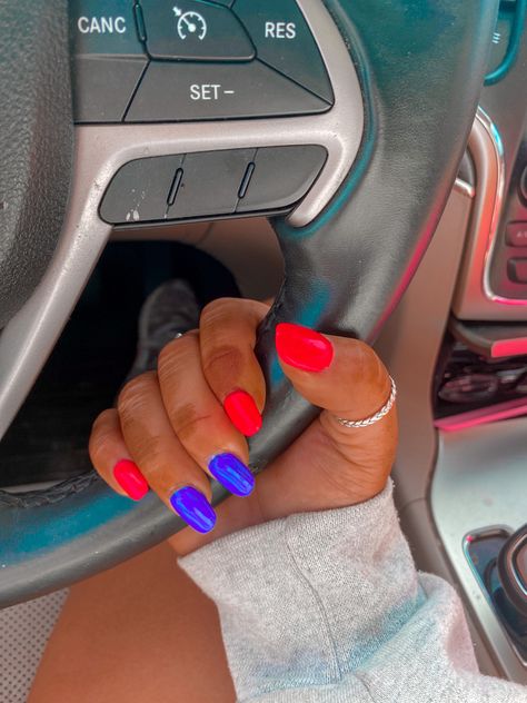 Bright Tipped Nails, Summer Nails Neon Colors, Bright Color Nails Summer, Neon Pink And Blue Nails, Bright Summer Nails Designs Color Combos, Two Different Colored Nails On Each Hand, Summer Nails 23, 2 Color Nail Ideas, Bright Nails Neon