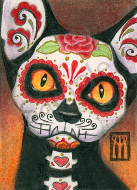 Halloween Bridal Party, Sugar Skull Painting, Sugar Skull Artwork, Sugar Skull Cat, Day Of The Dead Art, Sugar Skull Makeup, Pagan Art, Candy Skulls, Skull Painting