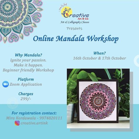 Save your date for online Mandala workshop Mandala Workshop, 16 October, Art Workshop, Art Ink, Ink Art, Mandala Art, Doodles, Quick Saves, Art