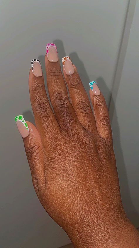 Multi Colored Cow Print Nails, Colourful Cow Print Nails, Coloured Cow Print Nails, Biab Nails Funky, Cow Print Nails Colorful, Different Color Cow Print Nails, Cow Print Nails Green, Short Nail Designs Cow Print, Rainbow Cow Print Nails