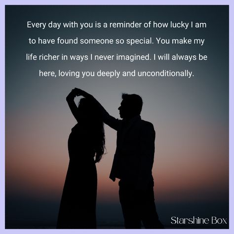 Every day with you is a reminder of how lucky I am to have found someone so special. ❤️

 #starshinebox #RelationshipGoals #jewelry #giftideas #lovequote #couple #Soulmate #personalizedjewelry How Lucky I Am, How Lucky Am I, Find Someone, You Make Me, Always Be, Soulmate, Relationship Goals, Love Quotes, Every Day