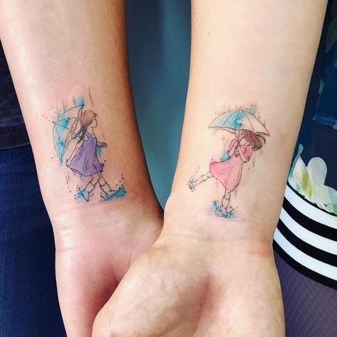 Girl Holding Umbrella, Sis Tattoo, Cute Sister Tattoos, Rain Tattoo, Umbrella Tattoo, Holding Umbrella, Small Sister Tattoos, Sister Tattoo Designs, Basic Tattoos