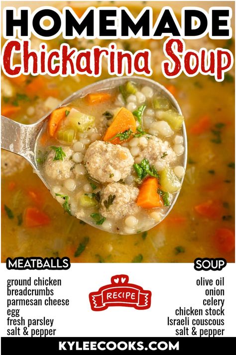 You will love the warmth and flavor of homemade Chickarina Soup! Fresh veggies, mini meatballs, and a tasty broth, it's the perfect bowl to cozy up with. Plus, it's freezer-friendly for easy future meals! Chickarina Soup Recipe, Chickarina Soup, Chicken Meatball Soup, Turkey Meatball Soup, Chicken Broth Soup, Chicken Veggie Soup, Turkey Soup Recipe, Mini Meatballs, Hearty Chicken