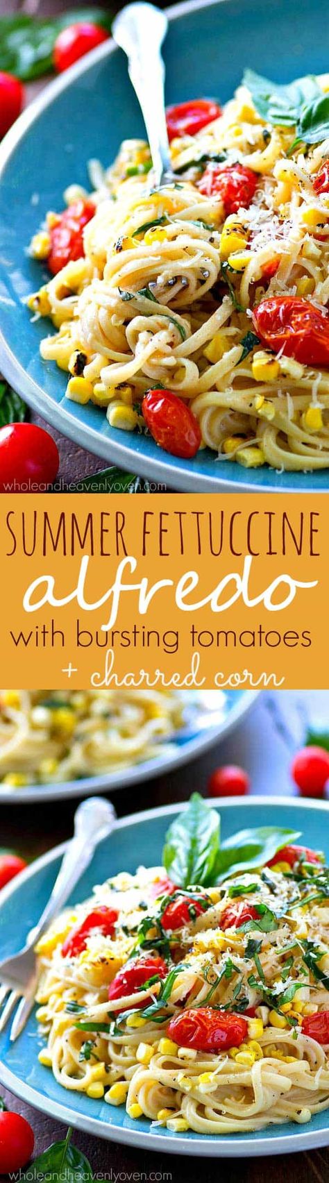 SUMMER FETTUCCINE ALFREDO Pesto Zucchini Noodles, Charred Corn, Chicken Caesar Pasta Salad, Summer Eats, Green Pesto, Fettuccine Pasta, 30 Minute Dinners, Fettuccine Alfredo, Parmesan Cheese