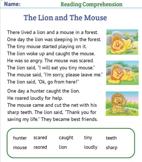 The lion and the mouse .Reading comprehensive .reading practice worksheet for kids The Lion And The Mouse Story, Lion And Mouse Story Pictures, Lion And The Mouse Story, Reading Practice Worksheets, Learn English Kid, Stories With Morals, Picture Story For Kids, The Lion And The Mouse, Kids Hygiene