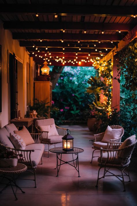 Cozy patio with string lights, wicker furniture, and a lantern on a small table. Hanging Lights On Deck, Patio Chandelier Outdoor, Hanging Outdoor Lights On Covered Patio, Fairy Lights On Ceiling Patio, Cafe Lights Under Deck, Patio Lights String Ideas, Padio Lights, Bistro Lights Covered Patio, Hanging Bistro Lights Patio