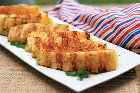 Grilled pineapple pairs wonderful with the spicy chili-lime flavor of Tajin®. Serve it as a snack, an appetizer, or a side dish with any meal. Grilled Pineapple Recipe, Easy Snack Mix, Cooked Pineapple, Pineapple Recipe, Seasoned Corn, Chili Lime Seasoning, Pineapple Recipes, Tacos And Burritos, Snack Mix Recipes