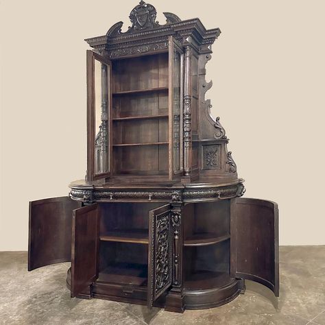 19th Century French Renaissance Two-Tiered Bookcase ~ Bibliotheque Victorian Bookshelf, Candle Shelves, Reference Landscape, Antique Bookshelf, Random Reference, Blue Bookcase, Handmade Wood Crafts, Painted Bookshelves, Candle Shelf