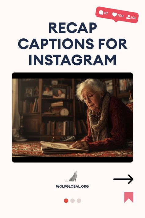 Elderly woman reading a book in a cozy room with infographic about Instagram captions.
Graphic with checklist of nostalgic sentiments and a call-to-action button for more content from wolfglobal.org.
Image of a smiling woman with a laptop, social media icons, and an invitation to join an Instagram engagement pod. Grandma Captions, Recap Captions Instagram, Memories Instagram Captions, Recap Quotes, Recap Captions, Love Instagram Captions, Memories Caption, Catchy Captions, Grandma Love