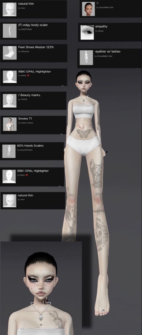 follow me on imvu ;) @catsies Imvu Long Leg Avi, Imvu Emo Outfits, Cute Imvu Avatars Ideas, Imvu Body Scales Ideas, Imvu Grunge Outfits, Imvu Body Ideas, Imvu Body Scales, Imvu Clothes Ideas, Imvu Y2k Outfits