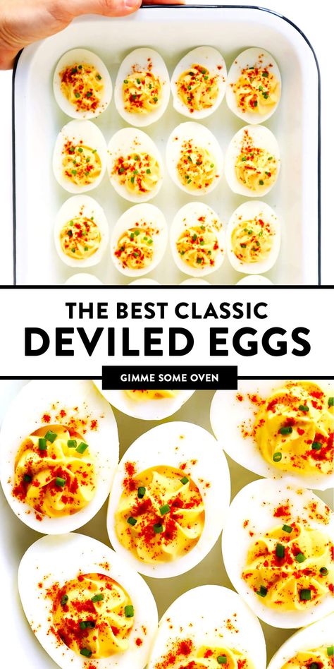 The BEST Deviled Eggs recipe! They're quick and easy to make with a few simple ingredients, and always, always a crowd fave. | gimmesomeoven.com #deviled #eggs #brunch #breakfast #easter #glutenfree #vegetarian Best Deviled Eggs Recipe, Healthy Steak Recipes, The Best Deviled Eggs, Perfect Deviled Eggs, Deviled Egg Recipe, Healthy Steak, Classic Deviled Eggs, Deviled Eggs Recipe Easy, Deviled Egg Salad