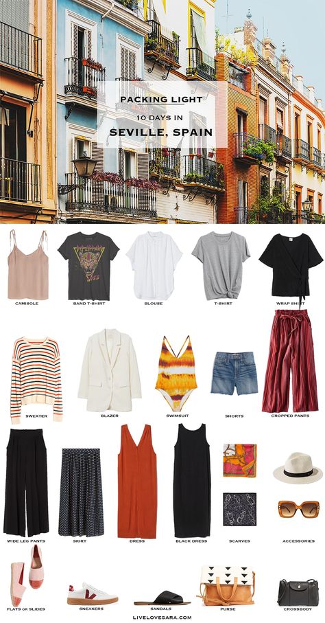 Spain In May Outfits, Trip To Spain Outfits, Packing List For Spain, Spain Outfit Ideas Summer, Spain Wardrobe, Pack For Spain, Spain Packing List, Traveler Fashion, Spain Outfit Ideas