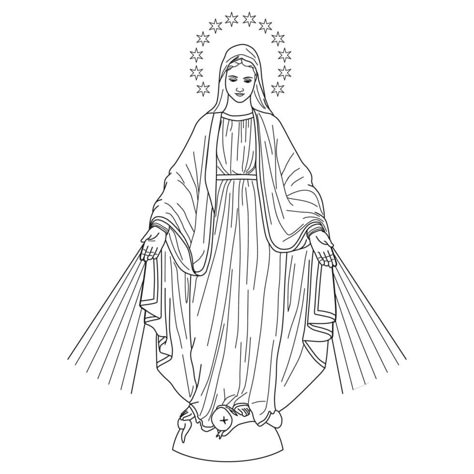 Our Lady of Graces Vector Illustration Monochrome Outline Letter J Tattoo, Christian Embroidery, Prayer Stations, Virgin Mary Art, Catholic Pictures, Catholic Kids, Religious Images, Outline Drawings, Miraculous Medal