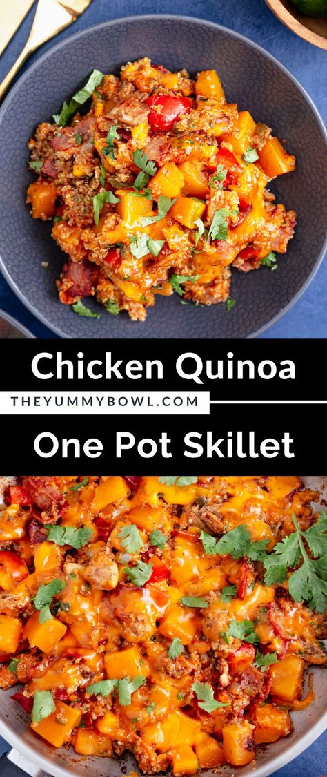 ONE POT CHICKEN QUINOA SWEET POTATO SKILLET Chicken Quinoa Sweet Potato, Chicken Quinoa Recipes, Sweet Potato Cubes, Potato Cubes, Potato Skillet, Quinoa Sweet Potato, Sweet Potato Skillet, Chicken Quinoa, Chicken Zucchini