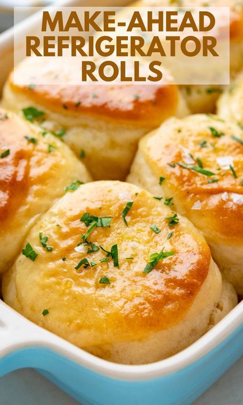 This easy yeast rolls recipe can be made ahead of time and kept chilled until you're ready to bake them. You'll love these buttery refrigerator rolls for holidays and big gatherings. Recipe makes 24-30 rolls, but since the dough keeps in the fridge, just bake however many you need. Easy Yeast Rolls Recipe, Easy Hot Dog Chili Recipe, Refrigerator Rolls, Easy Hot Dog Chili, Old Fashioned Tea Cakes, Easy Yeast Rolls, Homemade Yeast Rolls, Butter Rolls, Yeast Rolls Recipe