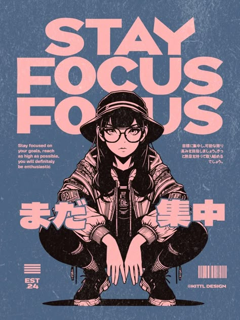 Editable Stay Focus Design Template Character Posters Design, Poster Design With Illustration, Character Poster Art, Poster Illustrator Design, Graphic Design With Illustration, Anime Graphics Design, Cute Graphic Design Illustration, Branding Character Design, Character Poster Ideas