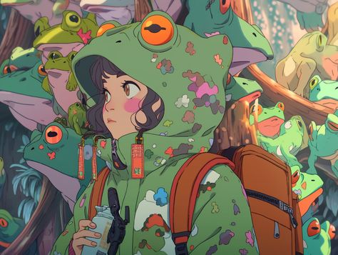 Ghibli Style Character Design, Garden Character Design, Solar Punk Character Design, Solar Punk Character, Frog Illustration Cute, Solarpunk Character, Solar Punk Aesthetic, Ghibli Illustration, Frog Character